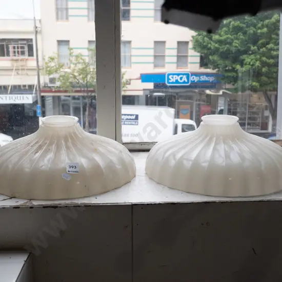 2x opaque white frilled glass light shades
