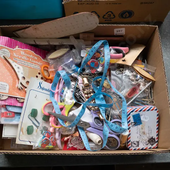 box of stationery; scissors, paper clips, needle gauge etc