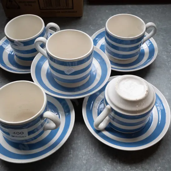 Irish blue and white striped cups and saucers