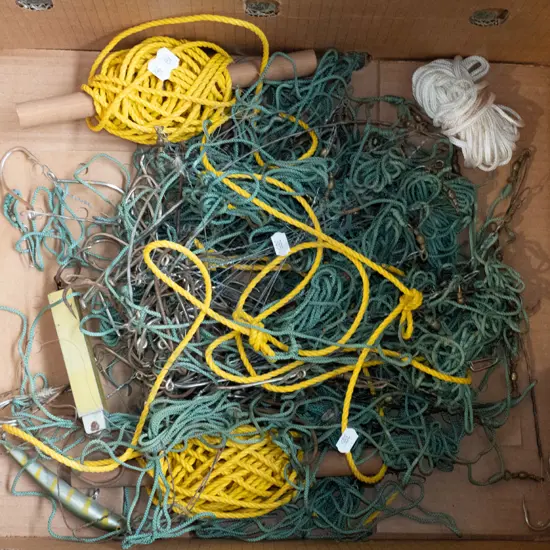 box; fishing lines, net, hooks