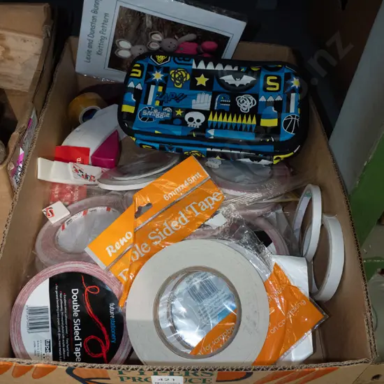 box of double sided tapes, pencil case etc
