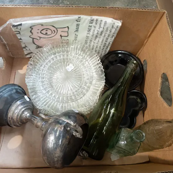 box; vintage bottles, plated trophy, bowls etc