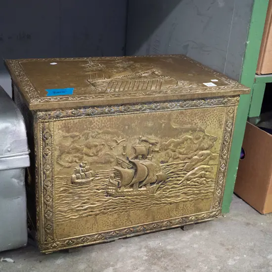 beaten brass viking ship themed wood box - some borer