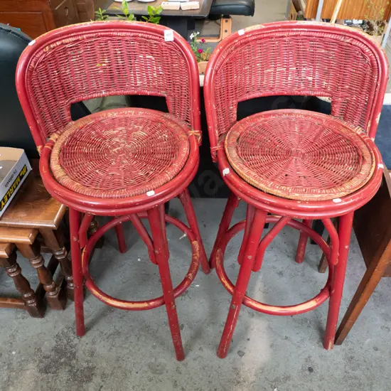 2x painted red cane bar stools