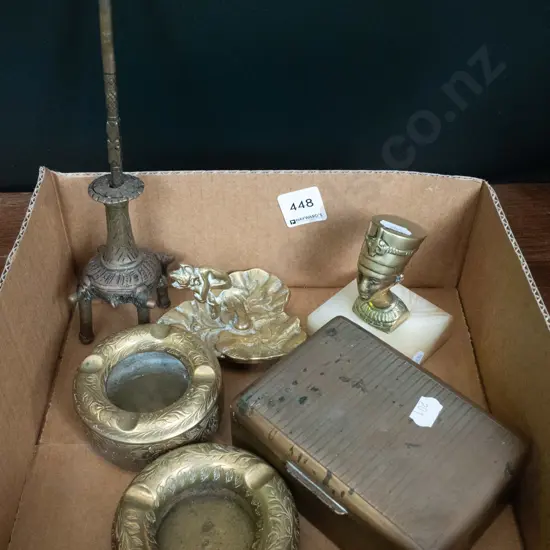 Egyptian ornament, brass ashtrays, trinket box etc