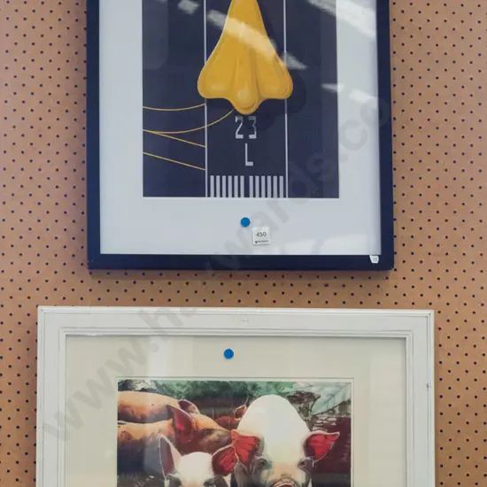 2x framed prints - pink piglets, jet planes - blue dots