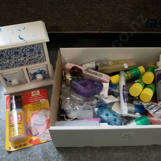 small jewellery chest, box of glue sticks, tape dispensers etc