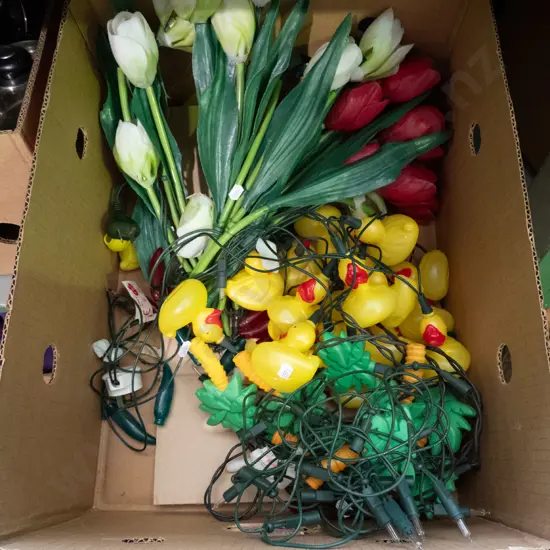box; party lights, illuminated plastic ducks, flowers