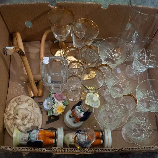 box; water jug, glasses, ornaments etc