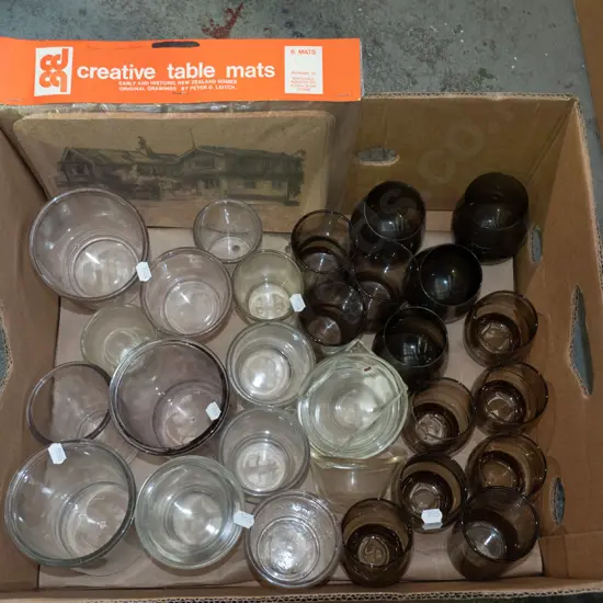 box; glasses and jars