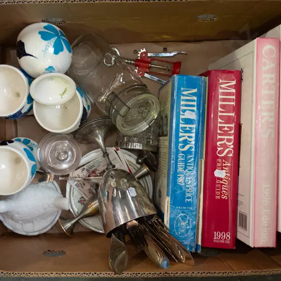 antique books, cereamic goblets, plated ware etc