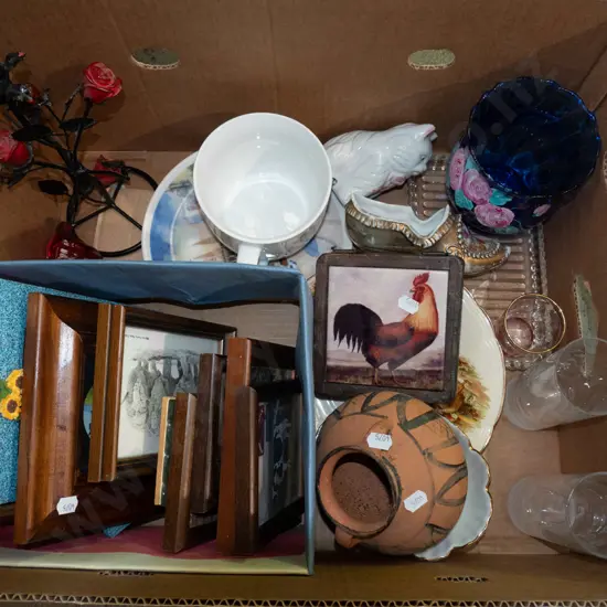 box; small prints, soup mug, blue glass vase etc