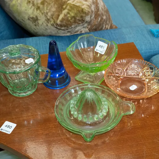 depression glass comport, bowl, lidded canister, paperweight etc