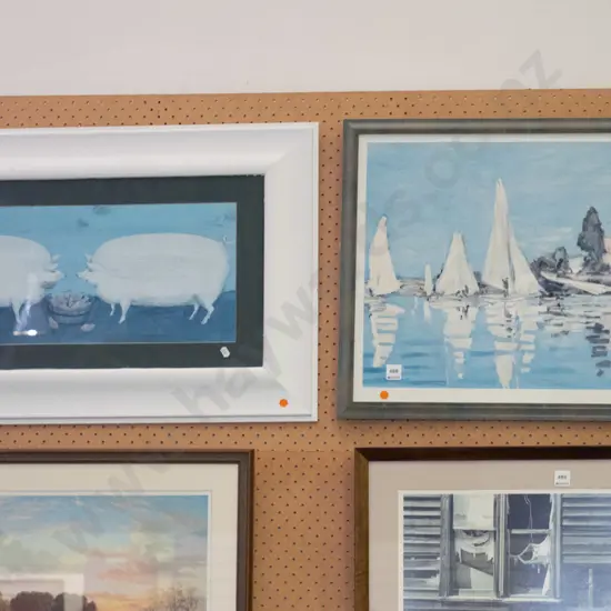2x framed prints - pig, boats - orange dots