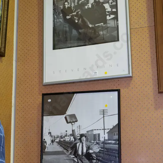 2x framed photo poster prints - back stage, man misses train - yellow dots