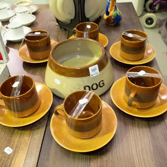 Crown Lynn cups and saucers, dog bowl