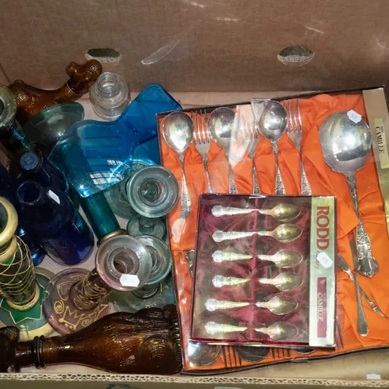 boxx; cutlery,candlesticks, dog themed decanter etc
