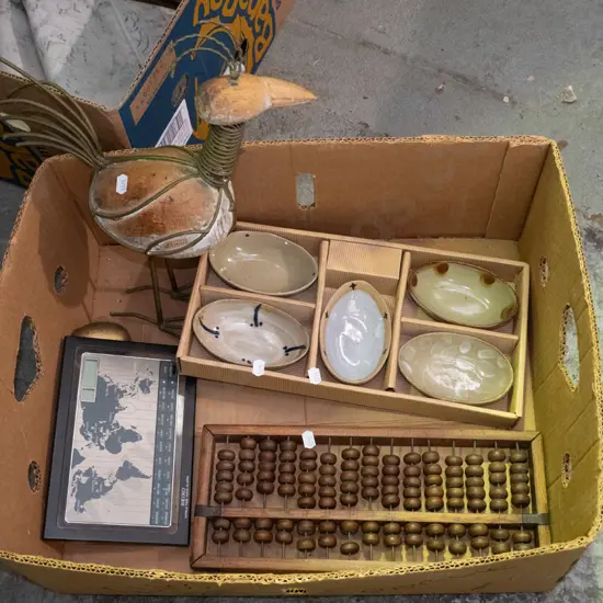 box; bird figurines, world time voice alarm clock, abacus etc