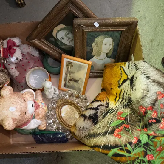 box; lidded teddy bear canister, framed prints, tablecloth etc