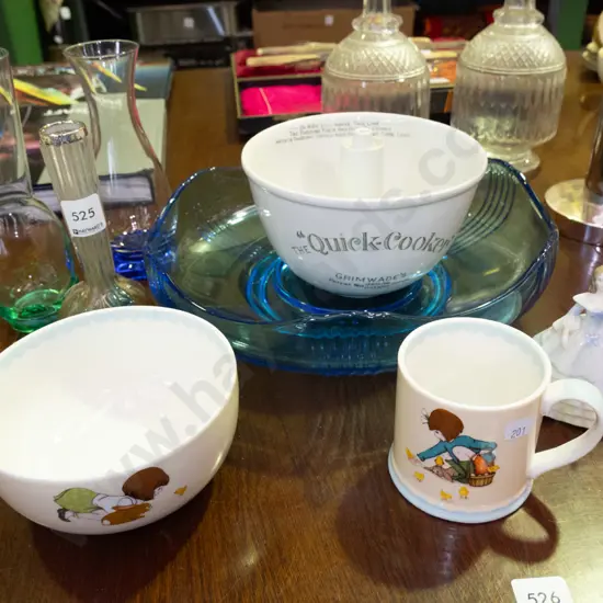 blue glass bowl, glass vases, cup, figurine, quick cooker pudding bowl