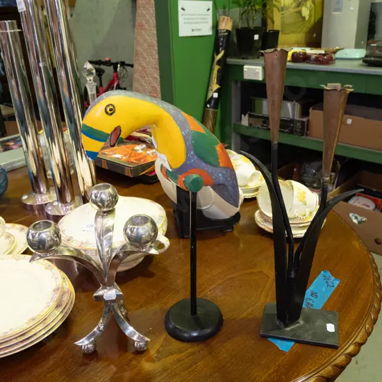 wooden bird figurine on stand, 2x candelabra