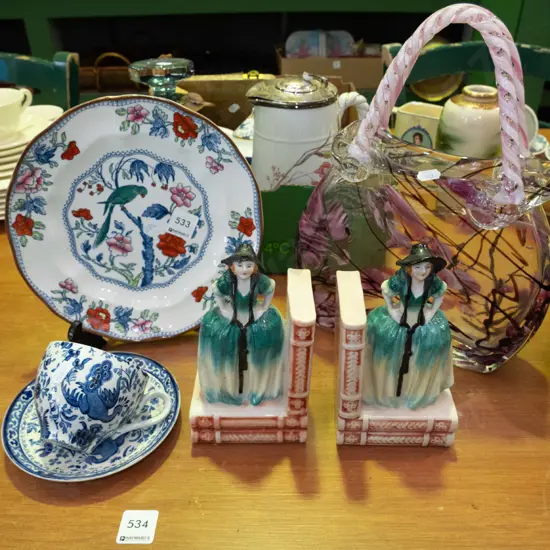 glass basket, book ends, Burleigh cups and saucer, Booths plate