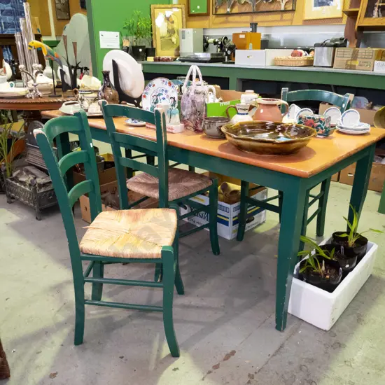 solid wood dining table with 4 matching seagrass ladder back chairs H-730 W-1800 D-900