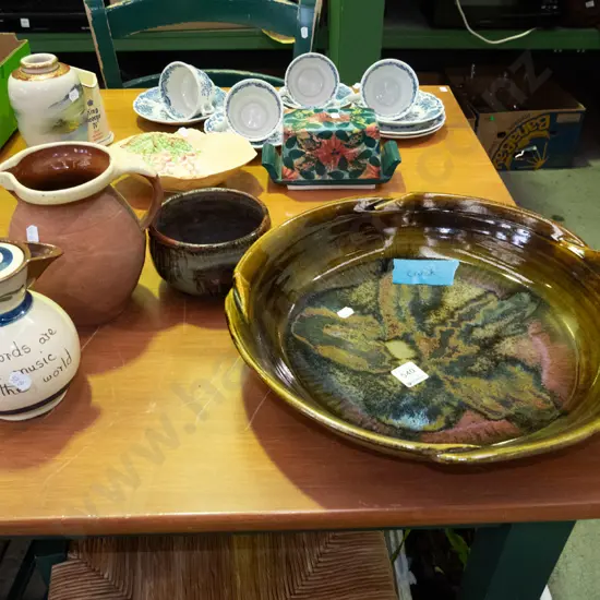 large studio pottery fruit bowl - crack, small pottery bowl, jug, Torquay motto jug