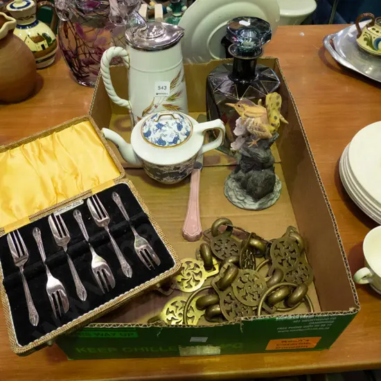 box; water jug, decanter, tea pot, cased cake forks etc