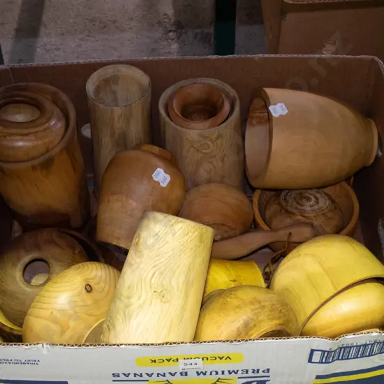 box; turned wooden vases, bowls etc