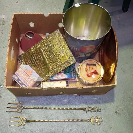 box; copper tray, various tins, rubbish bin etc