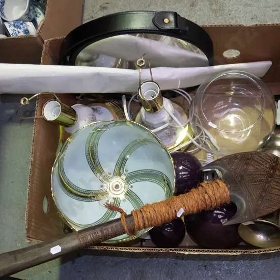 box; table lamps, wall mirror, plated vase, decorative balls etc