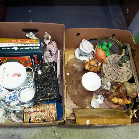 2 boxes; cups, beer stein, books, figurines etc - green dots