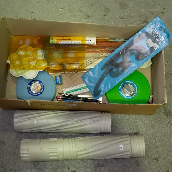 box; drawing equipment, stencils, pens, rulers etc