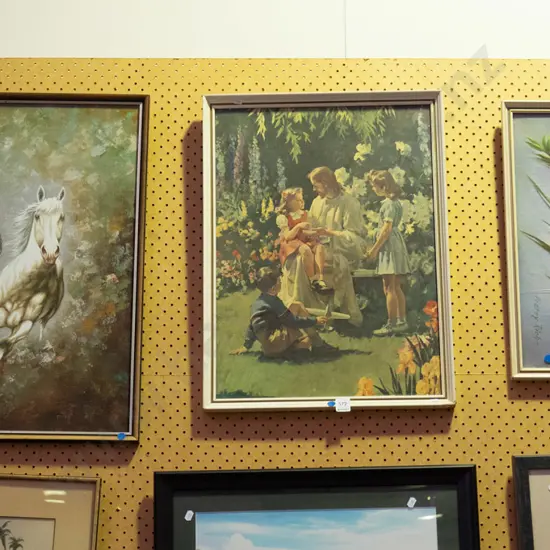 framed oil, 2x framed prints - blue dots