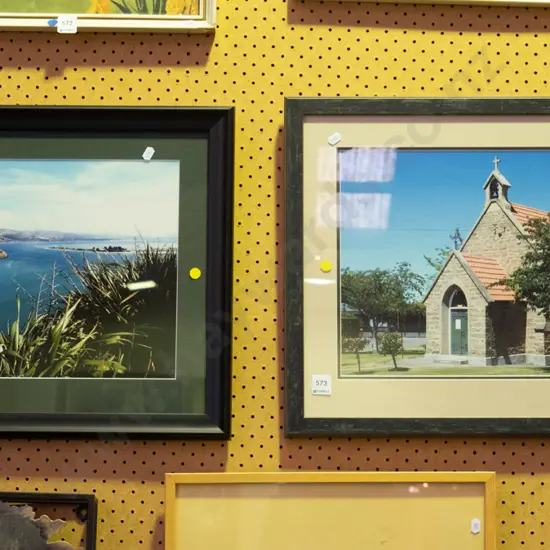 2x framed photo prints - harbour, church scene - yellow dots