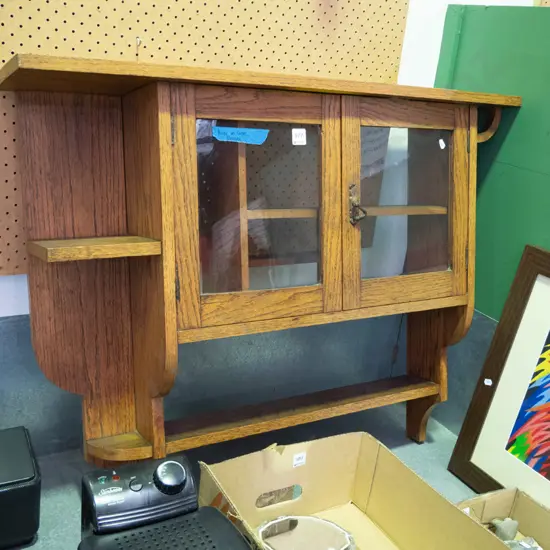 oak wall mounted shelves/cupboard - some borer on inner shelves H-750 W-900 D-200