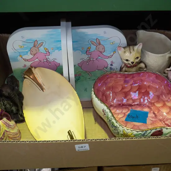 box; Maling bowl - crack, rabbit bookends etc
