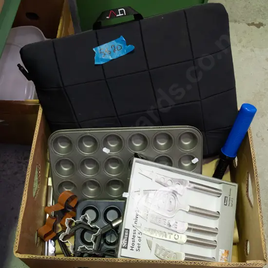 box; kitchen utensils, muffin tray, knife set etc
