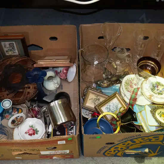 2x boxes; vases, saucers, water jugs etc - green dots