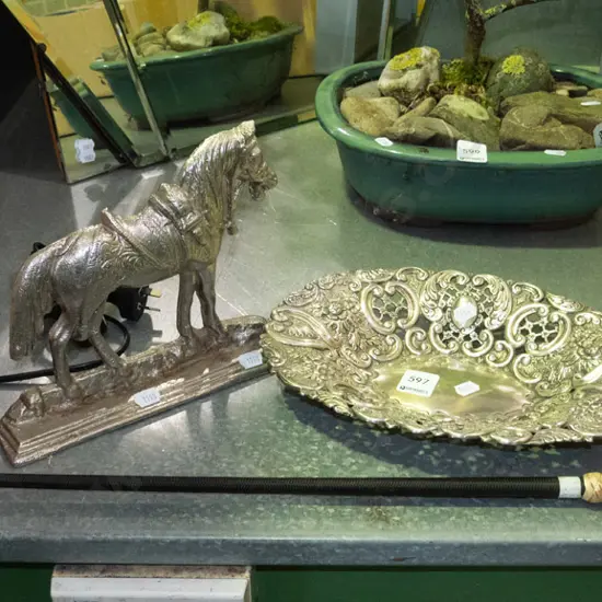 riding crop, plated tray, cast iron horse figurine, rock salt lamp