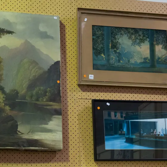 colonial oil on canvas - some damage, 2x framed prints - orannge dots