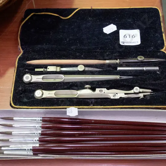 protractor set, artist's paint brushes