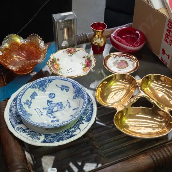 carnival glass bowl, Royal Winton serving dish, ashtray etc