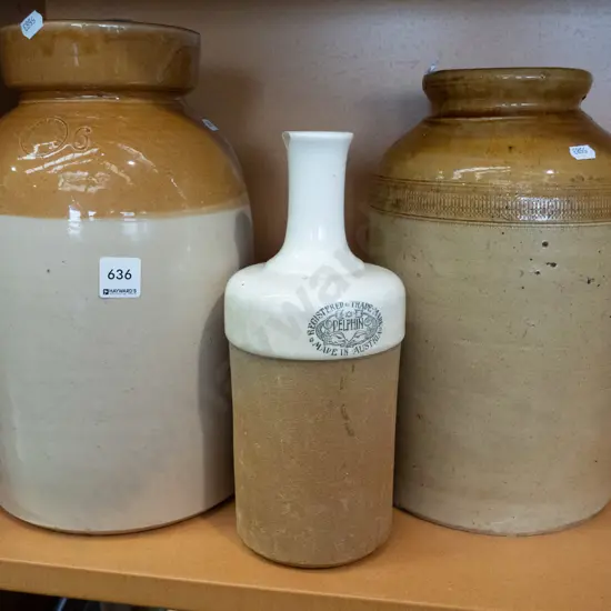 2x crocks, 1x stone ware lidded bottle - chip to rim