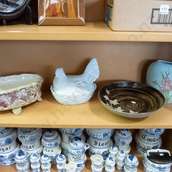 studio pottery bowl, chicken canister, footed jardiniere, vase
