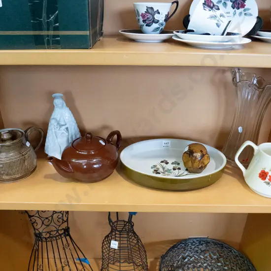 shelf; tea pots, Denby dish, jug, vase etc