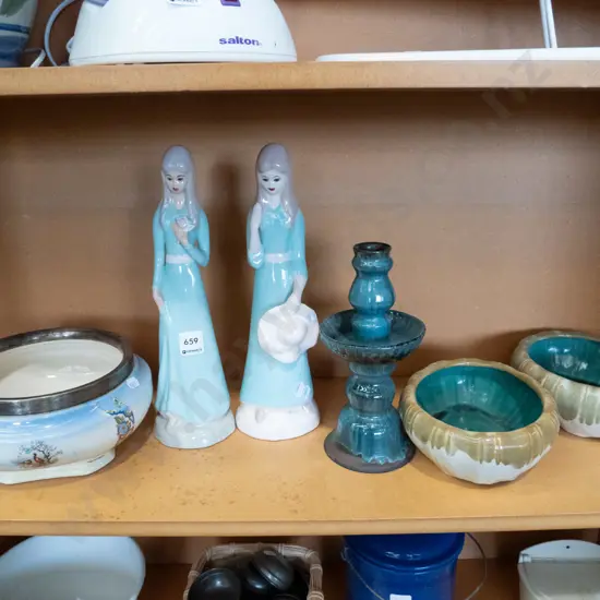 shelf; pottery bowls, candlestick, figurines etc