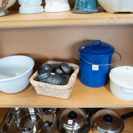 wall mounted salt pig, enamel bucket, small round baking dishes