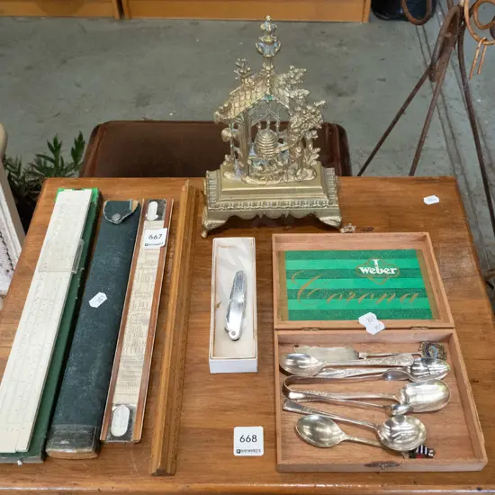 teaspoons, brass ornament, rulers etc